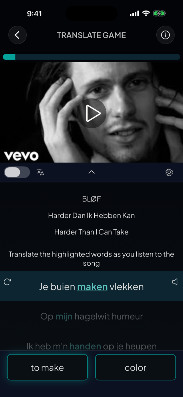 lyricfluent learn Dutch with music translate-game screenshot