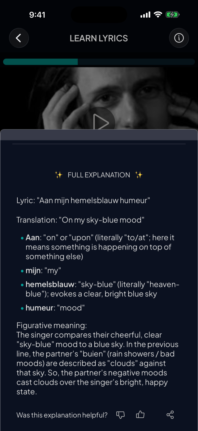 lyricfluent learn Dutch with music lyric-explanation screenshot