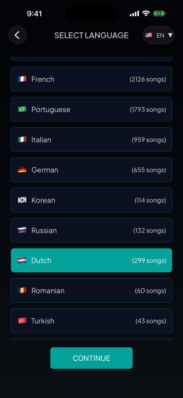 lyricfluent learn Dutch with music select-language screenshot