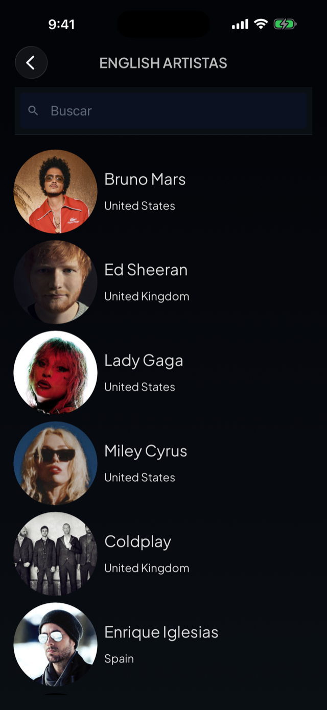 lyricfluent learn English with music browse-artists screenshot