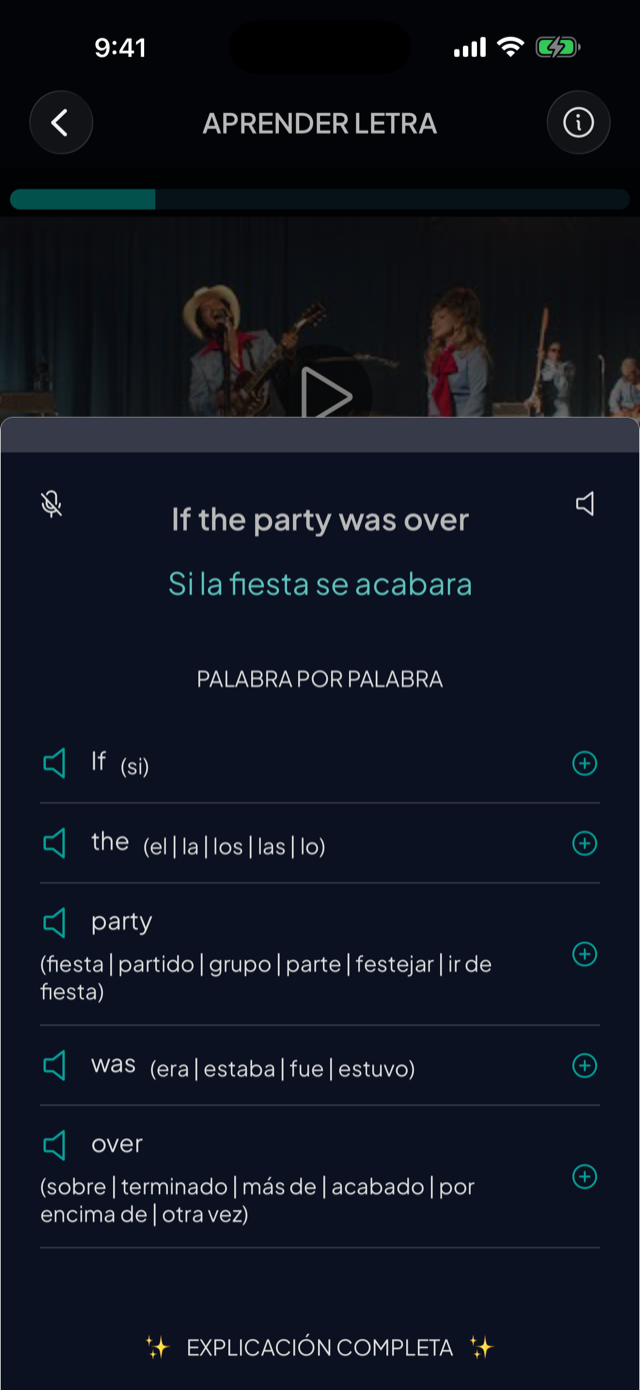 lyricfluent learn English with music word-by-word screenshot