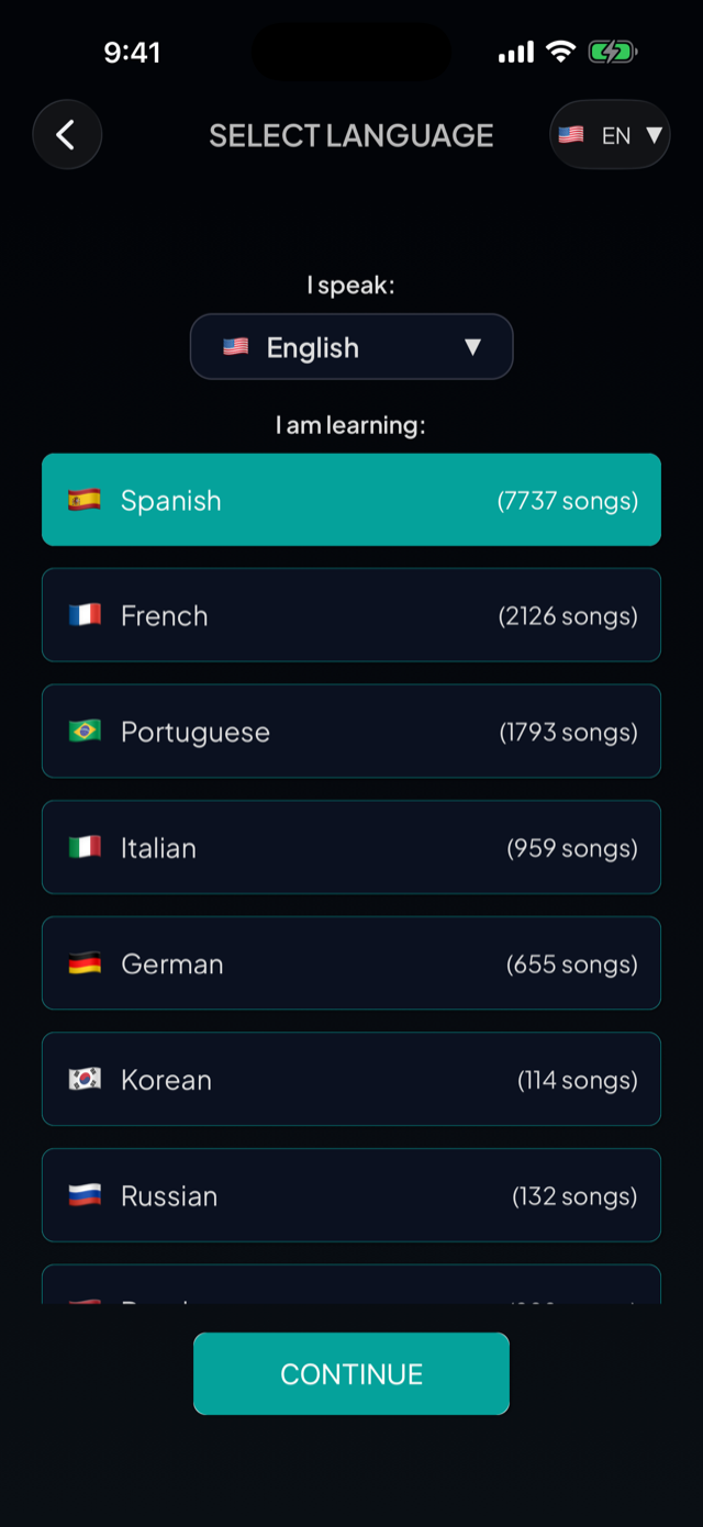 lyricfluent learn English with music select-language screenshot