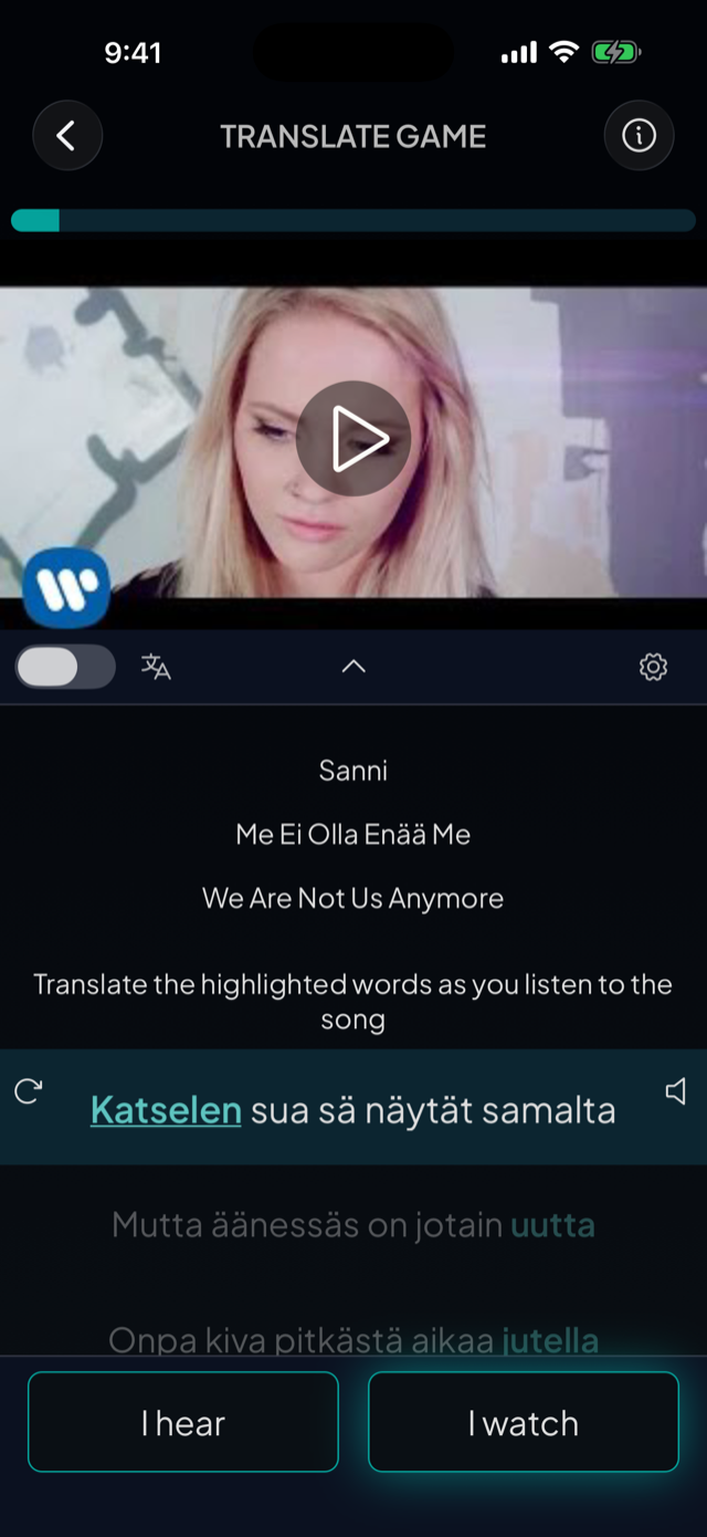 lyricfluent learn Finnish with music translate-game screenshot