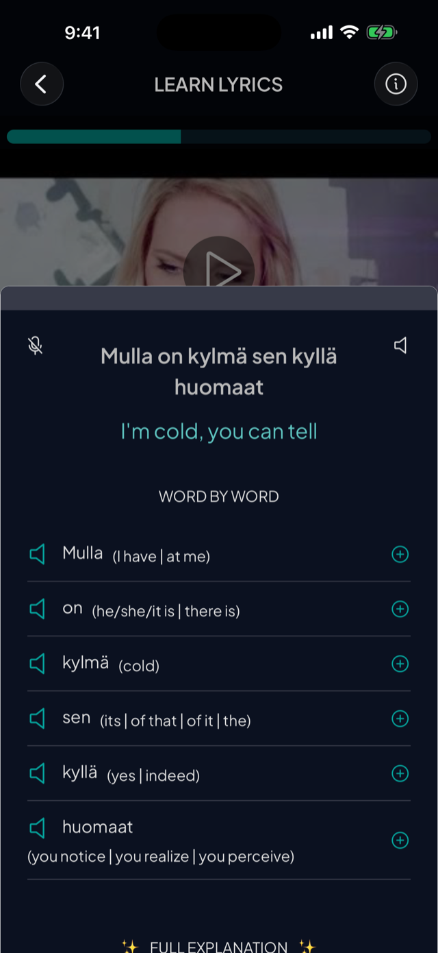 lyricfluent learn Finnish with music word-by-word screenshot