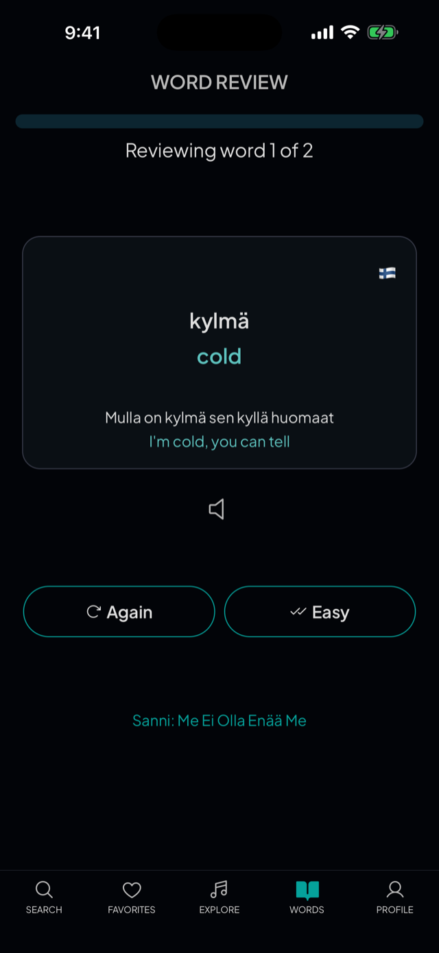 lyricfluent learn Finnish with music word-review screenshot