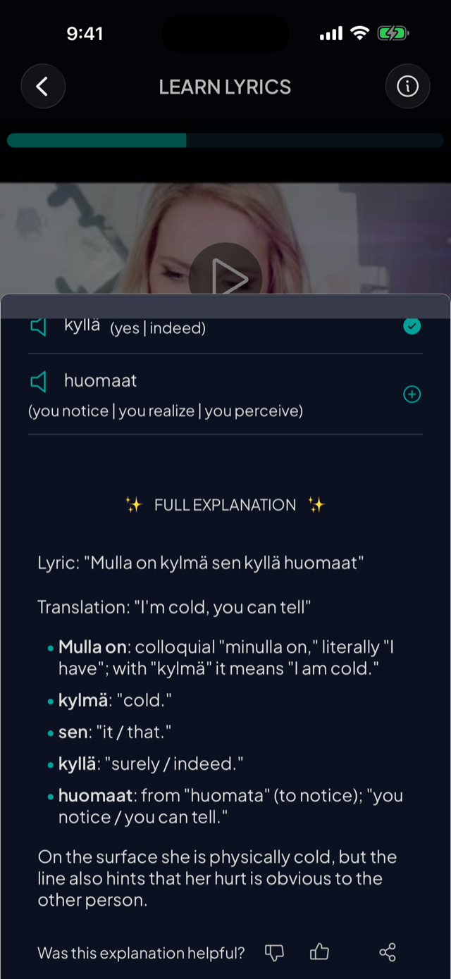 lyricfluent learn Finnish with music lyric-explanation screenshot