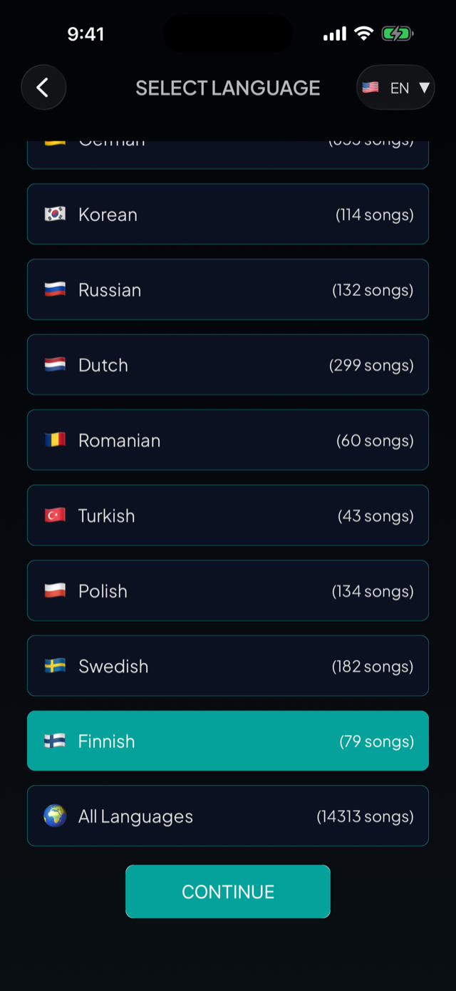 lyricfluent learn Finnish with music select-language screenshot