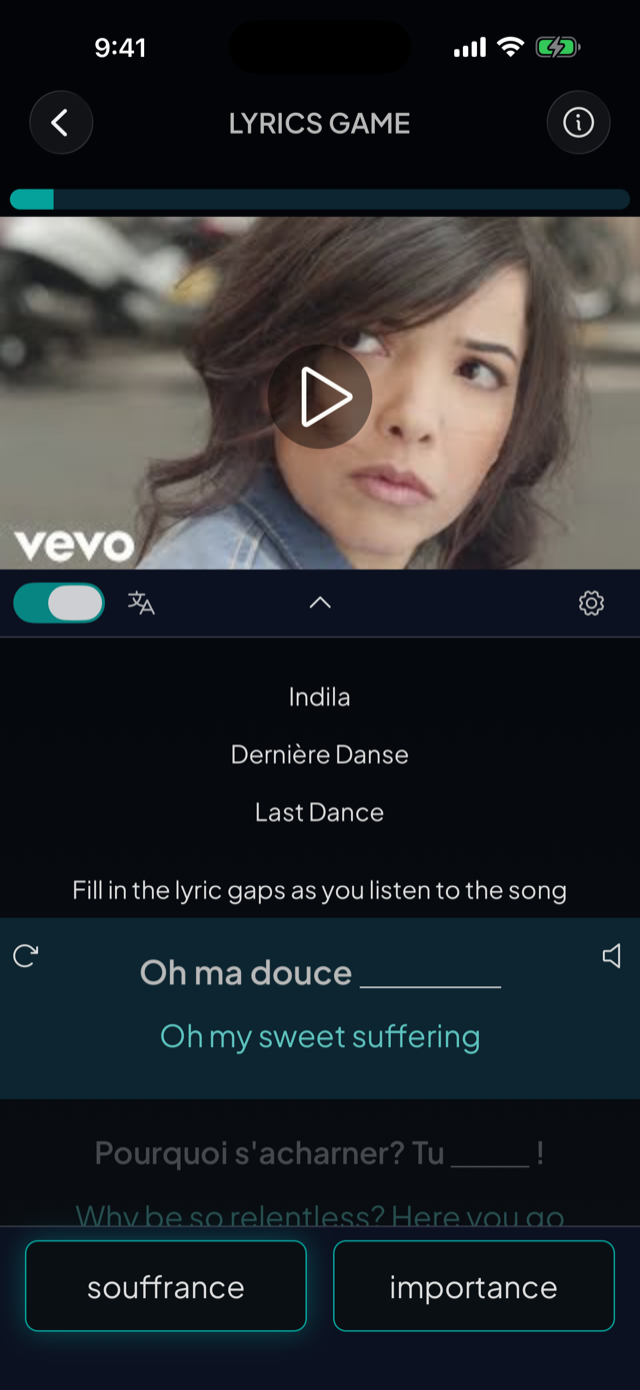 lyricfluent learn French with music lyrics-game screenshot