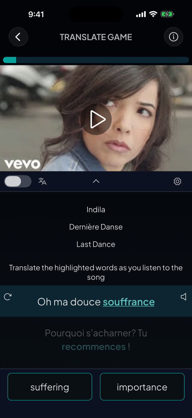 lyricfluent learn French with music translate-game screenshot