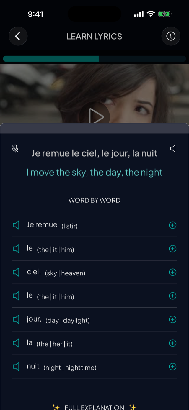 lyricfluent learn French with music word-by-word screenshot