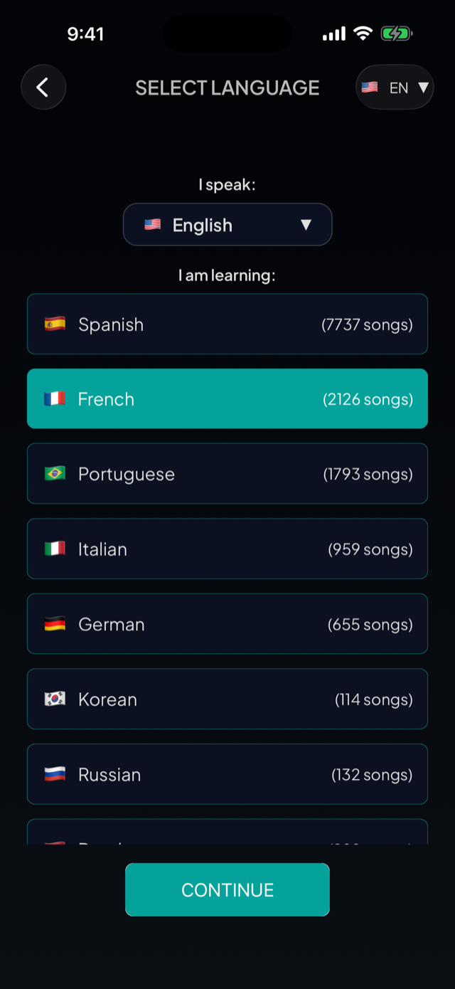 lyricfluent learn French with music select-language screenshot