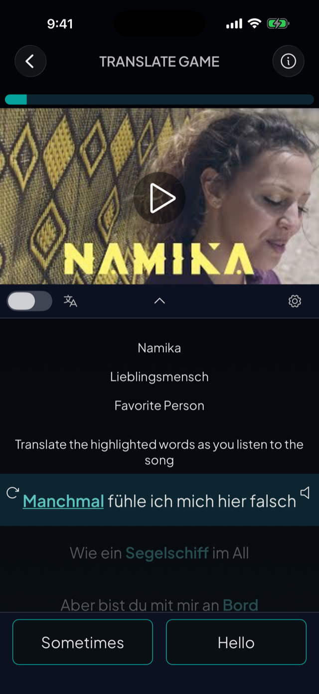 lyricfluent learn German with music translate-game screenshot