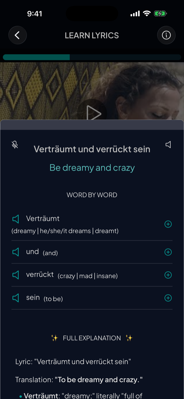 lyricfluent learn German with music word-by-word screenshot