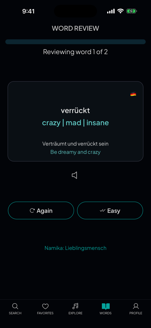lyricfluent learn German with music word-review screenshot