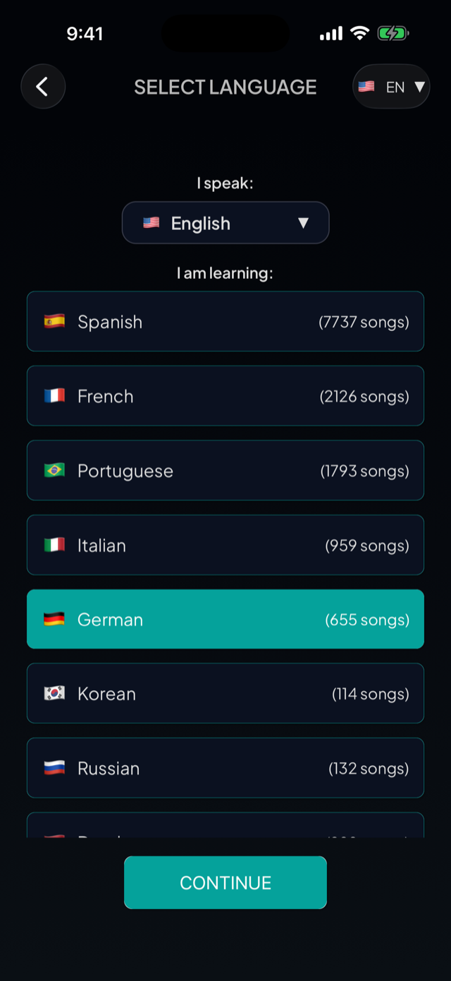 lyricfluent learn German with music select-language screenshot
