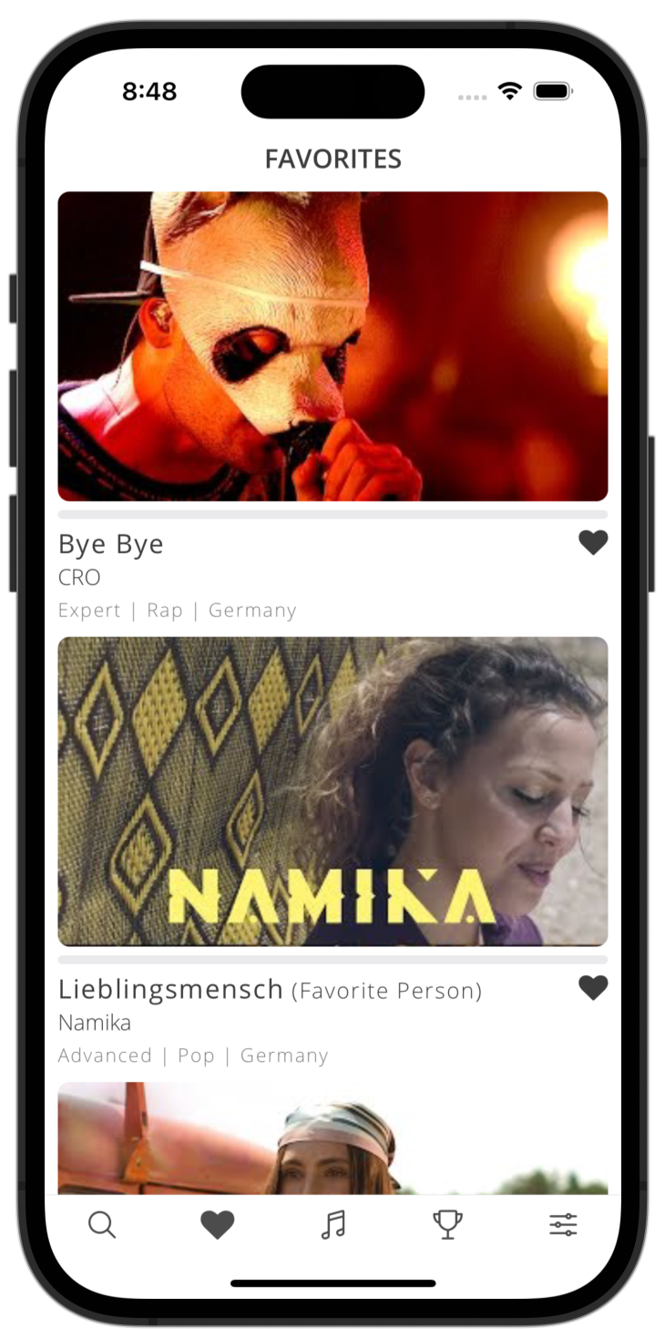 lyricfluent learn German with music choose-favorites screenshot