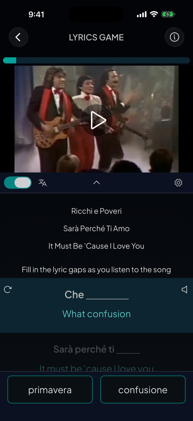 lyricfluent learn Italian with music lyrics-game screenshot