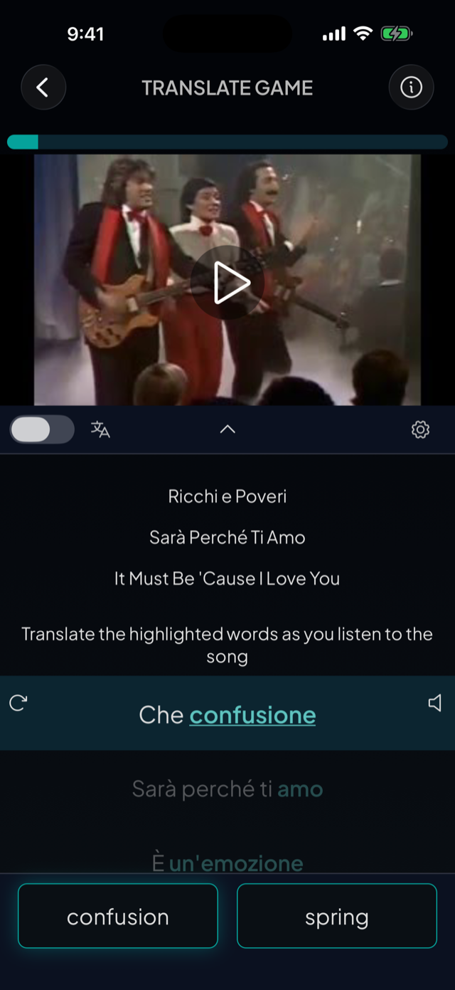 lyricfluent learn Italian with music translate-game screenshot
