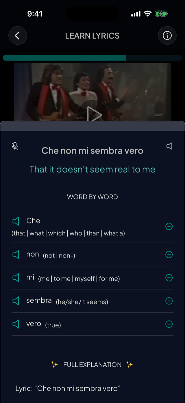 lyricfluent learn Italian with music word-by-word screenshot