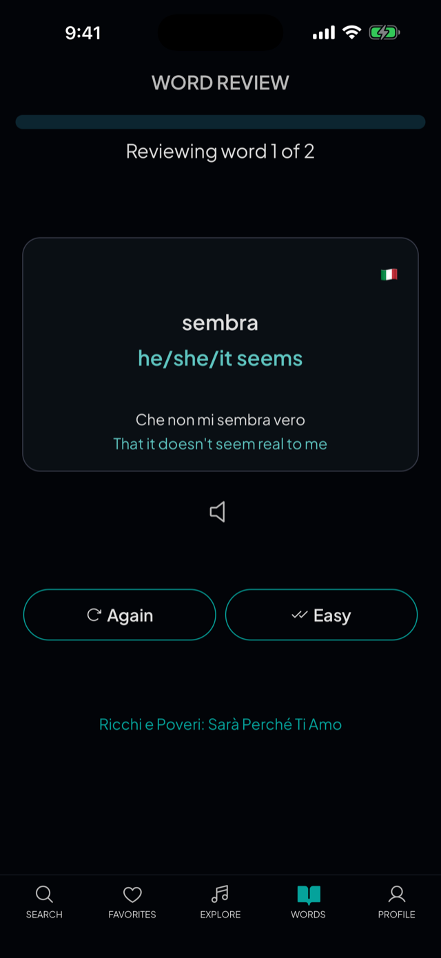 lyricfluent learn Italian with music word-review screenshot