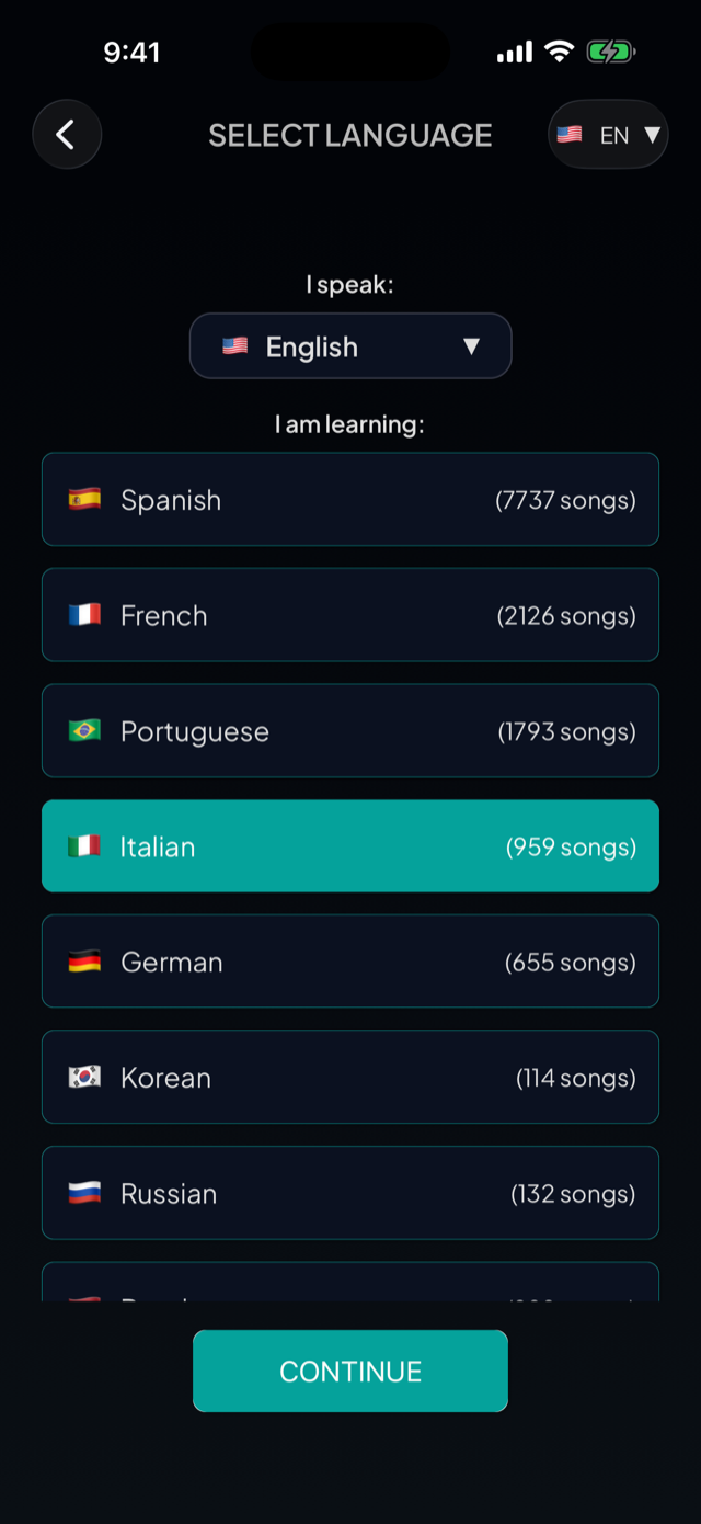 lyricfluent learn Italian with music select-language screenshot