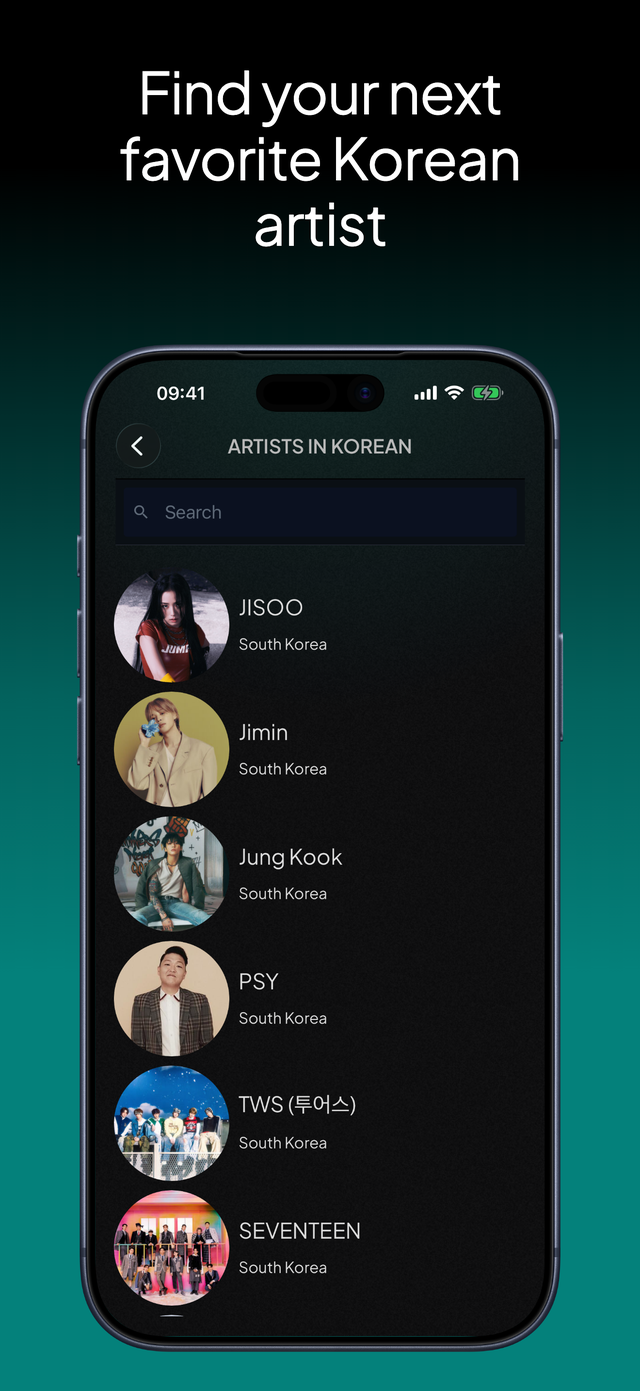 lyricfluent learn Korean with music browse-artists screenshot