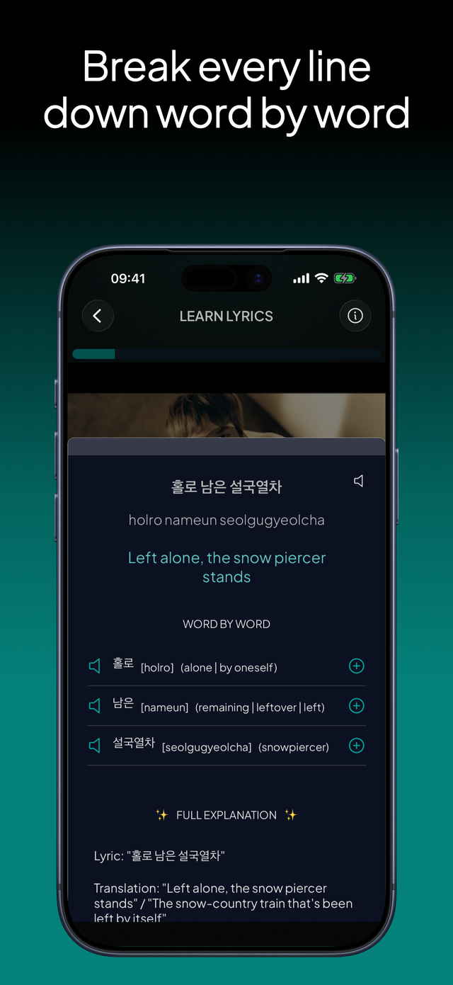 lyricfluent learn Korean with music word-by-word screenshot