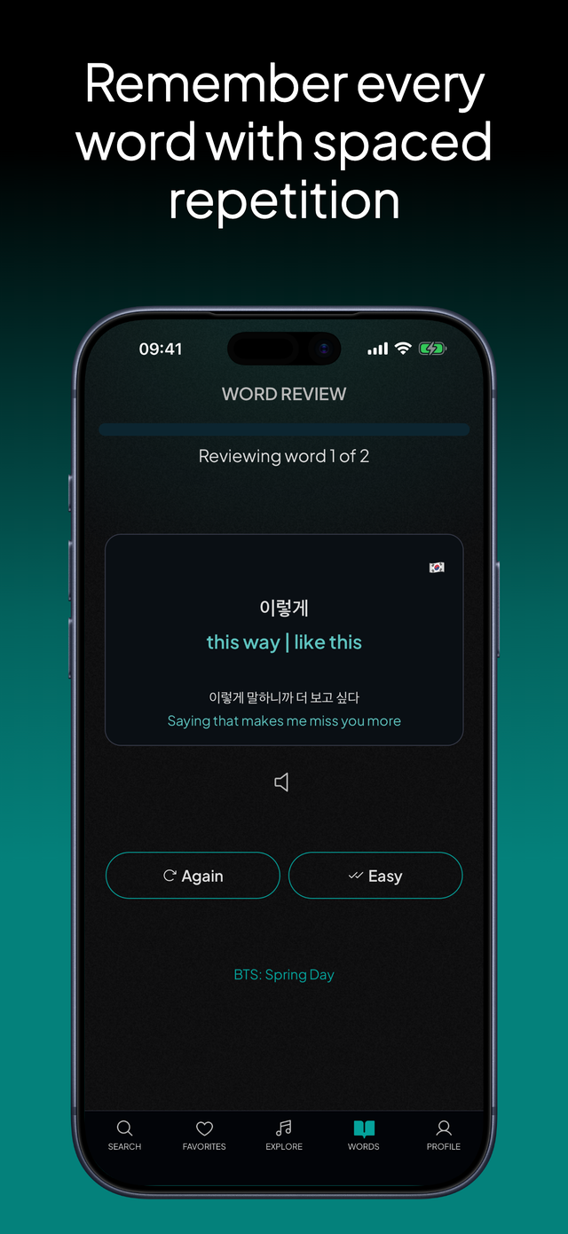 lyricfluent learn Korean with music word-review screenshot