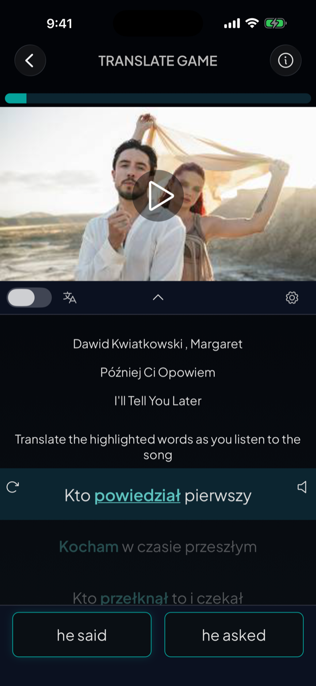 lyricfluent learn Polish with music translate-game screenshot