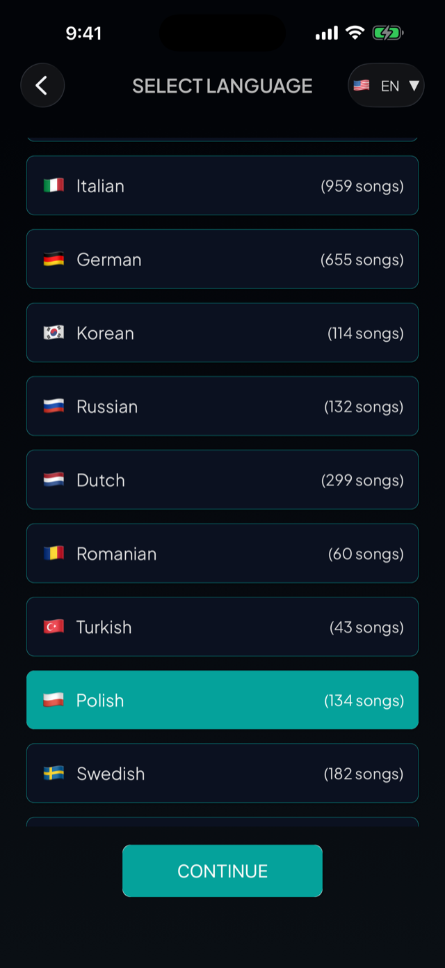 lyricfluent learn Polish with music select-language screenshot