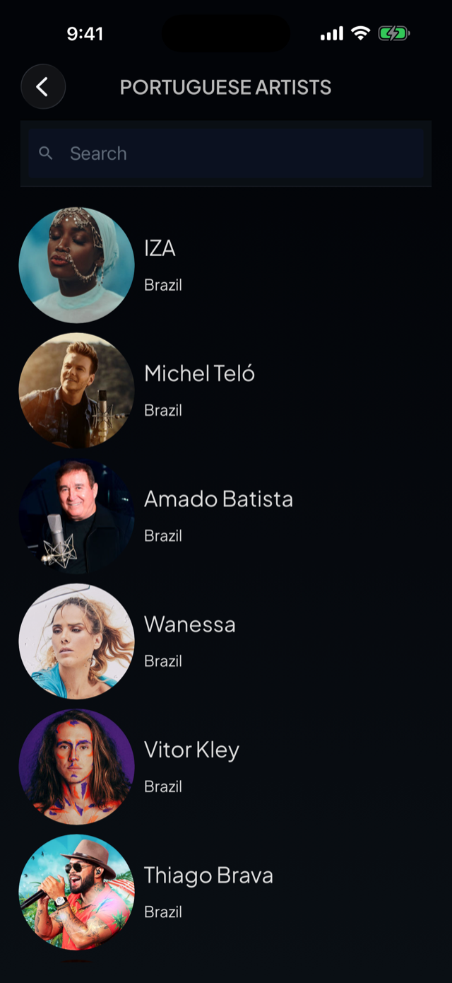 lyricfluent learn Portuguese with music browse-artists screenshot