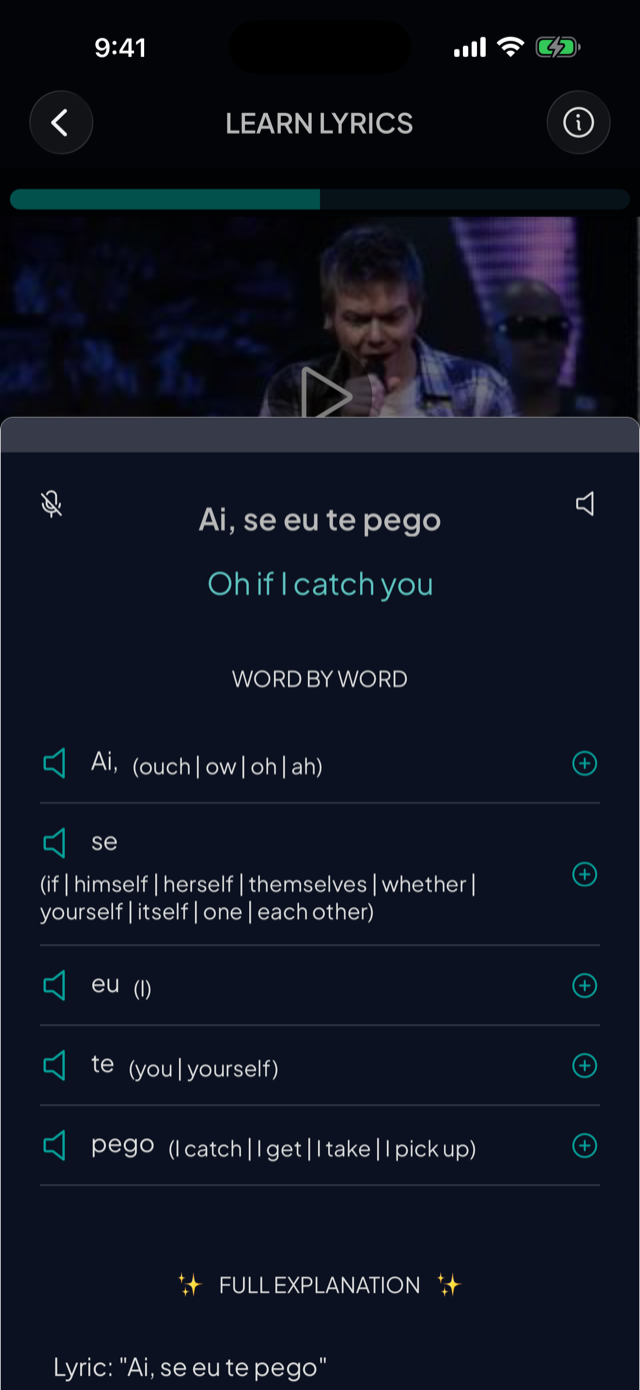 lyricfluent learn Portuguese with music word-by-word screenshot