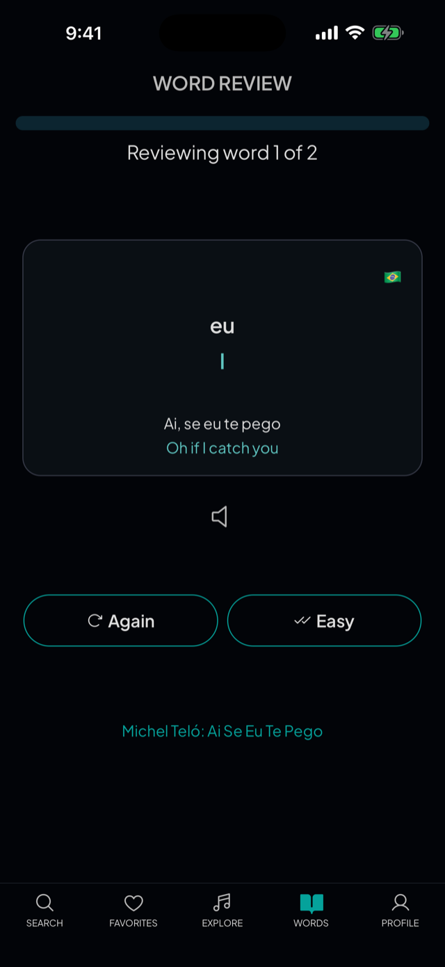 lyricfluent learn Portuguese with music word-review screenshot
