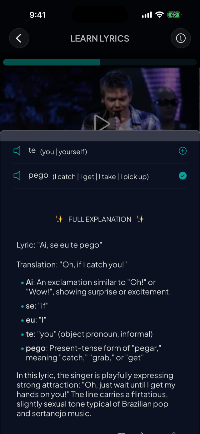 lyricfluent learn Portuguese with music lyric-explanation screenshot