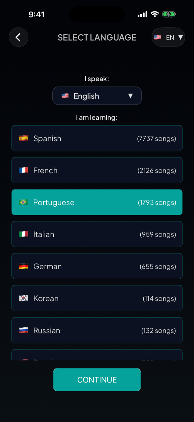 lyricfluent learn Portuguese with music select-language screenshot