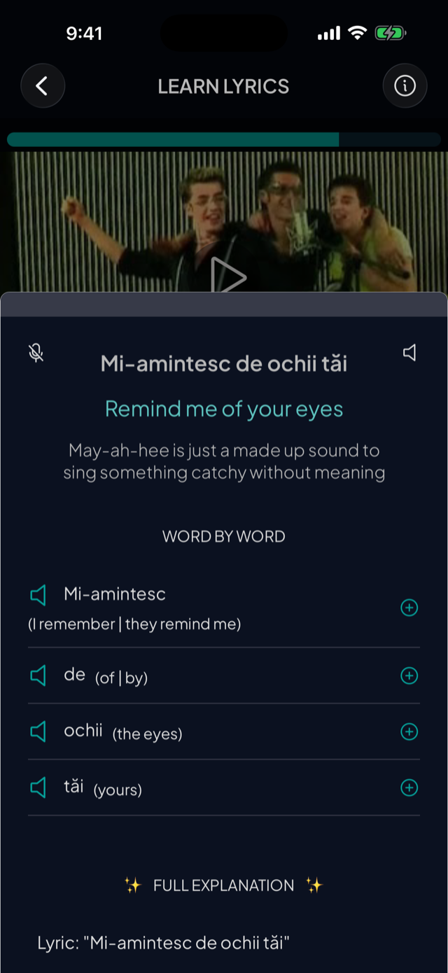 lyricfluent learn Romanian with music word-by-word screenshot
