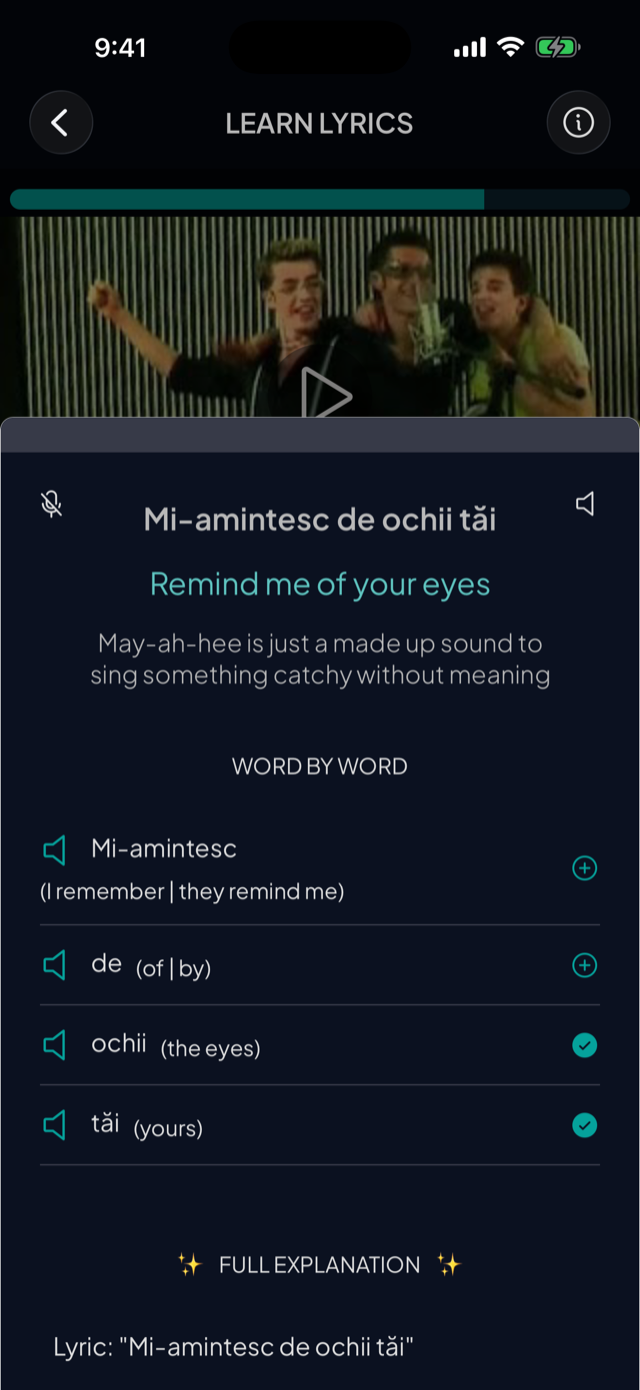 lyricfluent learn Romanian with music lyric-explanation screenshot