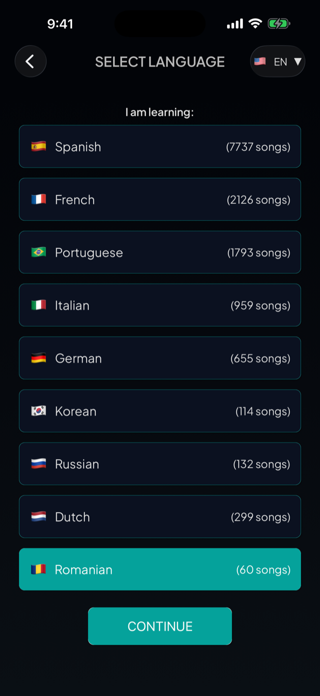 lyricfluent learn Romanian with music select-language screenshot