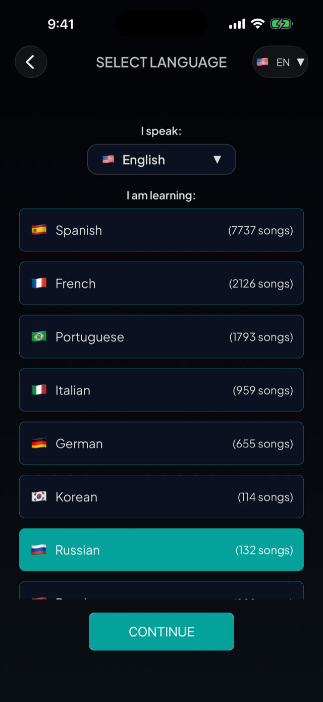 lyricfluent learn Russian with music select-language screenshot