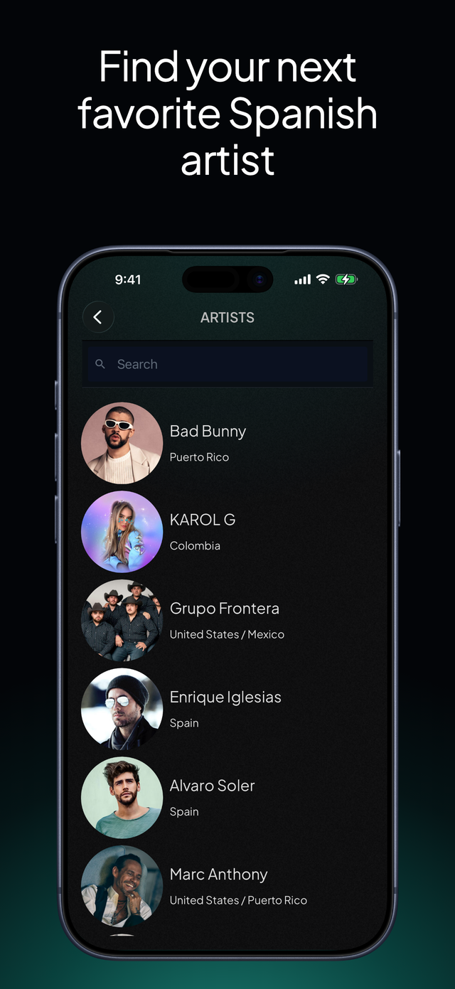 lyricfluent learn Spanish with music browse-artists screenshot