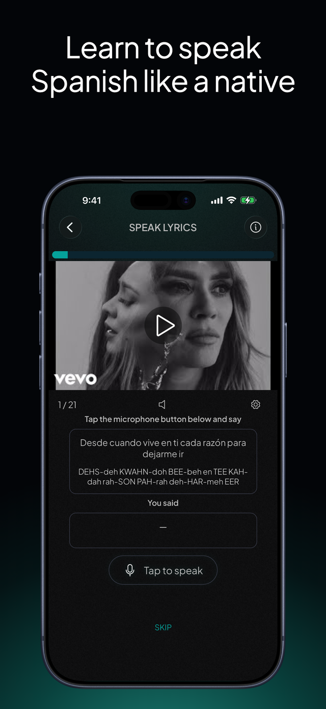 lyricfluent learn Spanish with music speak-lyrics screenshot