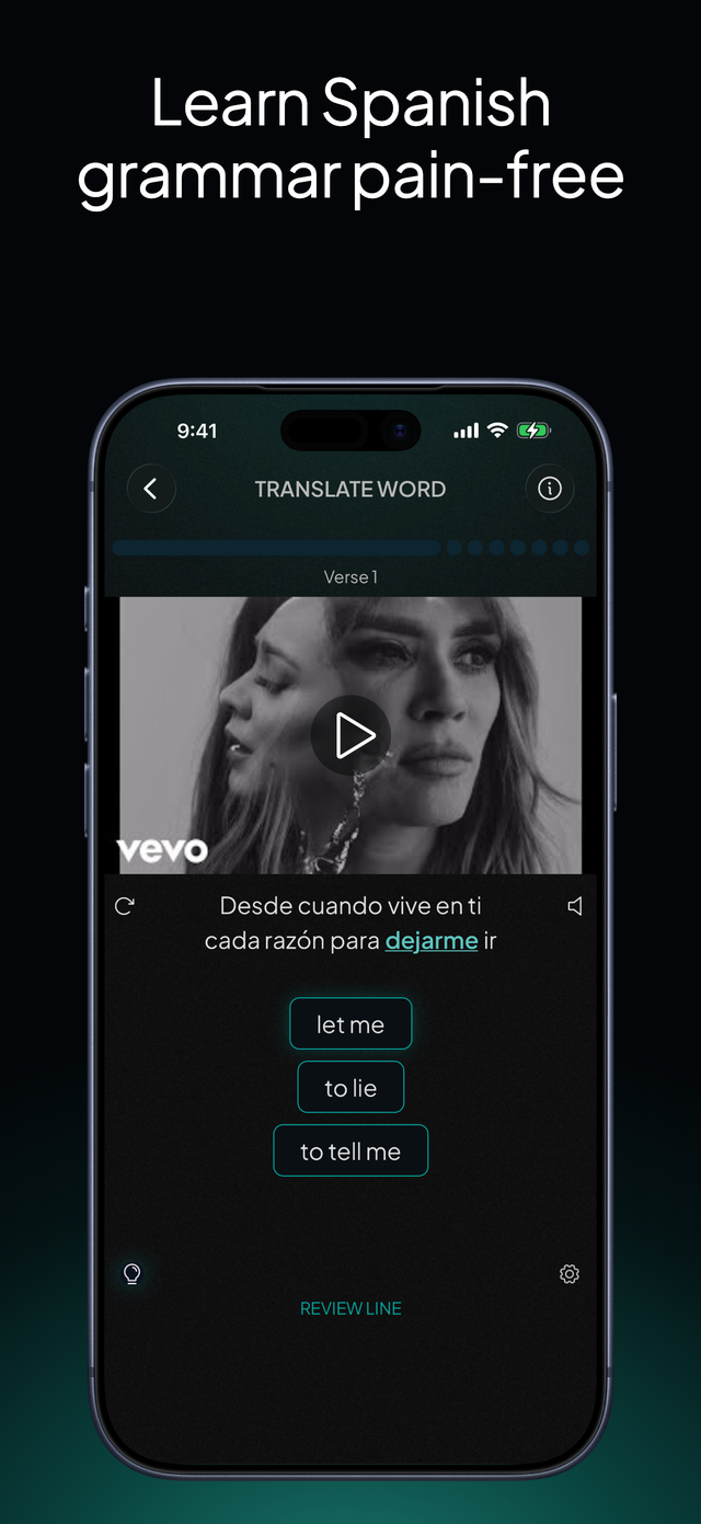 lyricfluent learn Spanish with music translate-game screenshot