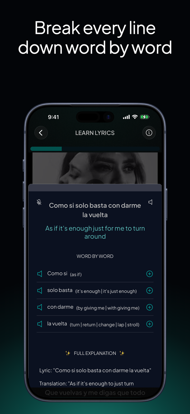 lyricfluent learn Spanish with music word-by-word screenshot