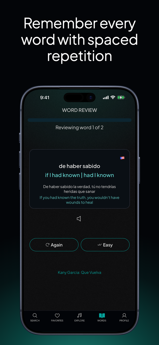 lyricfluent learn Spanish with music word-review screenshot