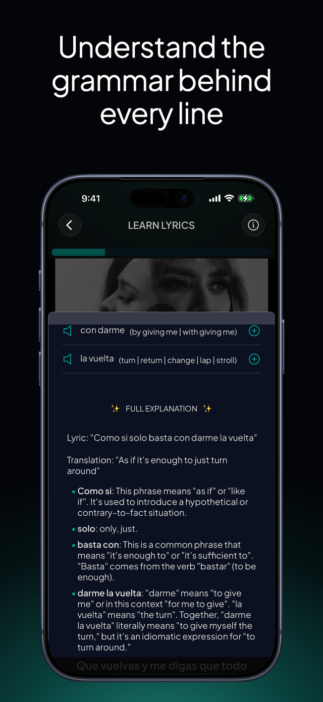 lyricfluent learn Spanish with music lyric-explanation screenshot