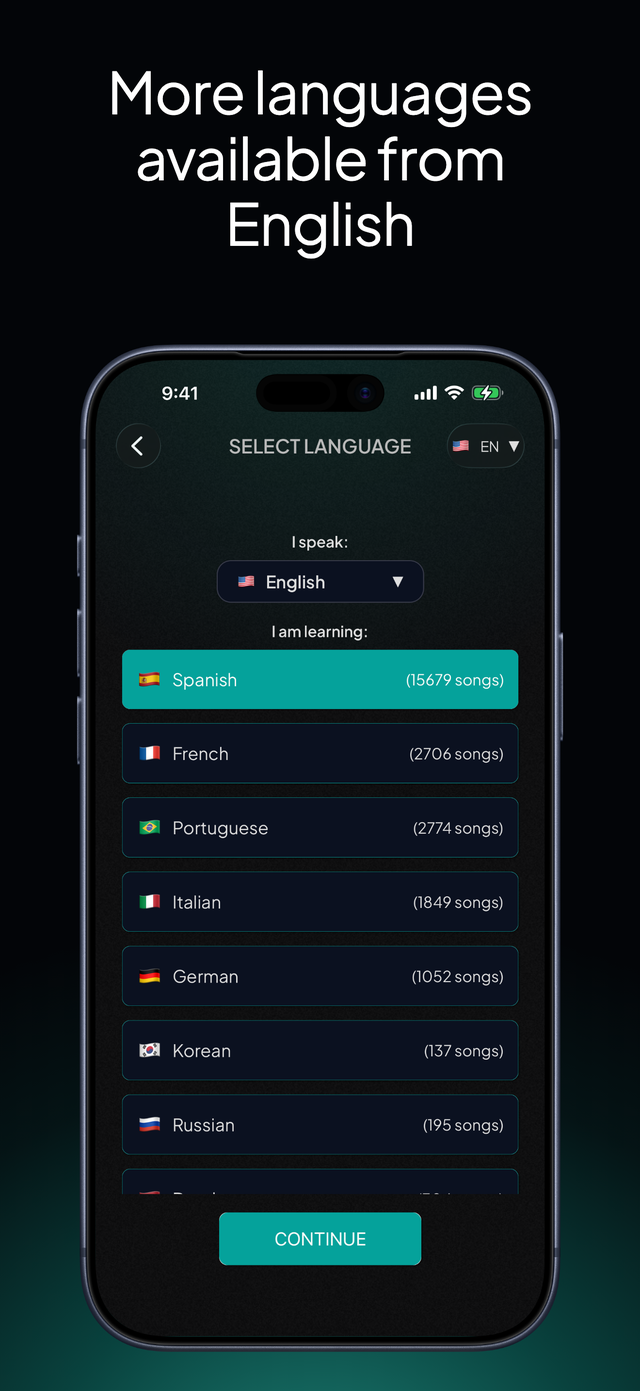 lyricfluent learn Spanish with music select-language screenshot