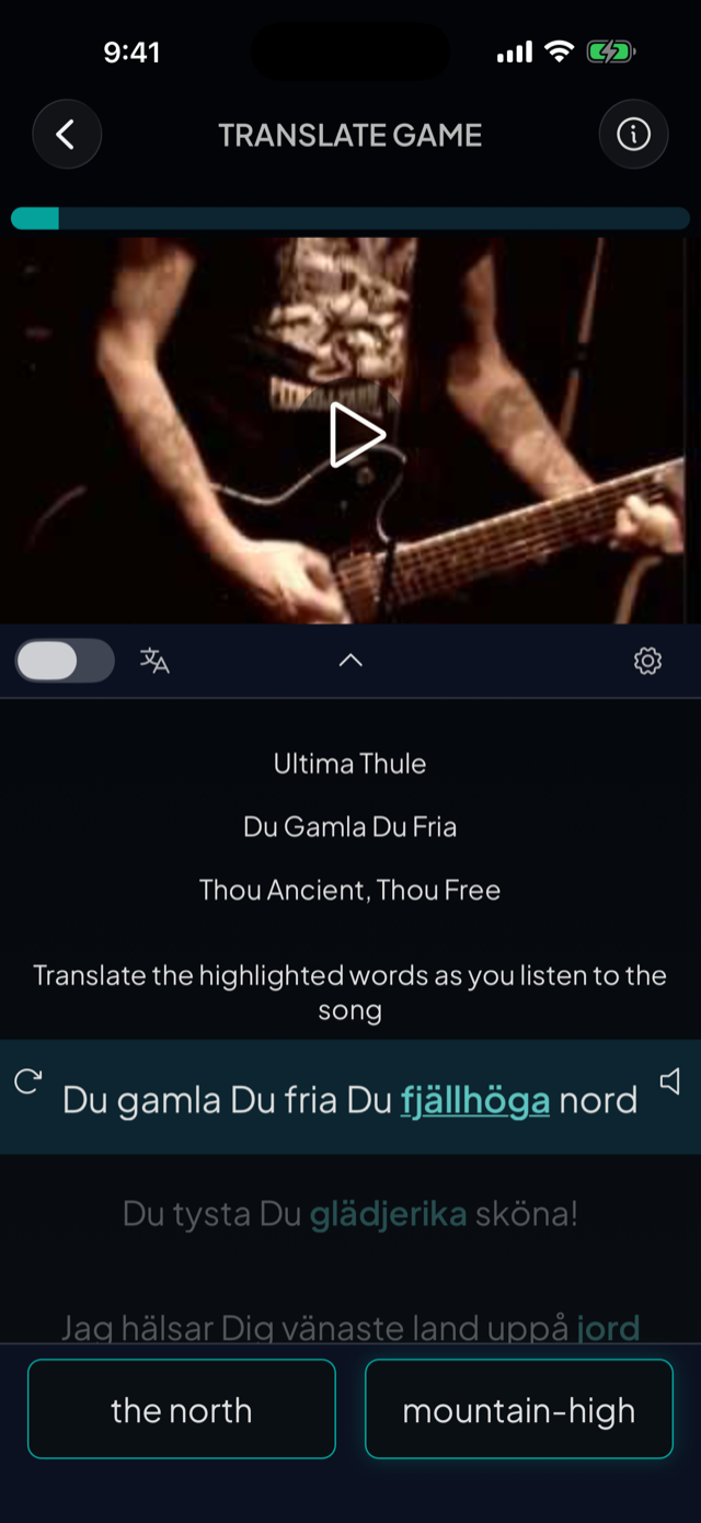 lyricfluent learn Swedish with music translate-game screenshot