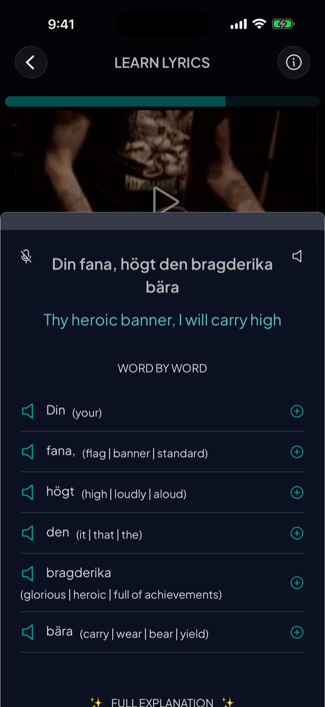 lyricfluent learn Swedish with music word-by-word screenshot
