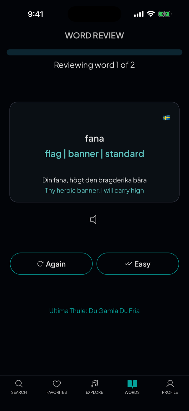 lyricfluent learn Swedish with music word-review screenshot