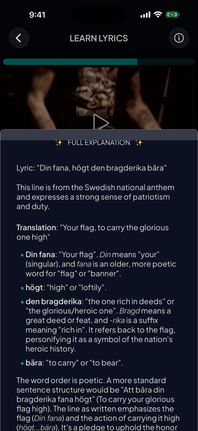 lyricfluent learn Swedish with music lyric-explanation screenshot